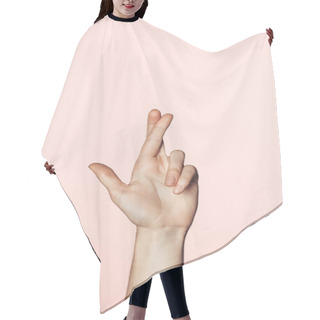 Personality  Cropped Image Of Woman Doing Crossed Fingers Gesture Isolated On Pink Background Hair Cutting Cape