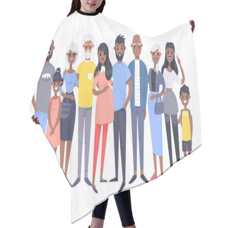 Personality  Set Of Different African American Couples And Families. Cartoon Style People Of Different Ages (young And Elderly), With Baby, Boy, Girl, Pregnant Woman Hair Cutting Cape
