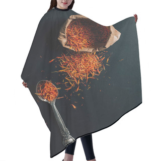 Personality  Top View Of Red Saffron In Paper Bag And Spoon On Table Hair Cutting Cape