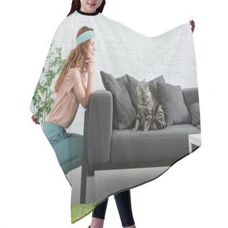 Personality  Smiling Young Woman Looking At Her Tabby Cat While He Sitting On Couch At Home Hair Cutting Cape