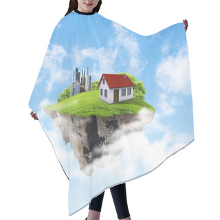 Personality  A Piece Of Land In The Air With House And Tree. Hair Cutting Cape