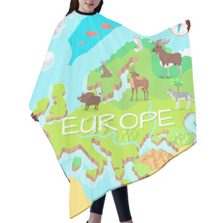 Personality  Europe Isometric Map With Flora And Fauna. Vector Hair Cutting Cape