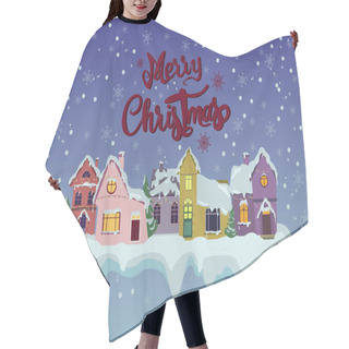 Personality  Vector With Merry Christmas Lettering Near Houses, Pines And Falling Snow On Blue Hair Cutting Cape