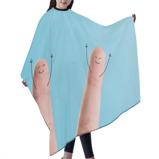 Personality  Cropped View Of Excited Smiling Fingers Isolated On Blue Hair Cutting Cape