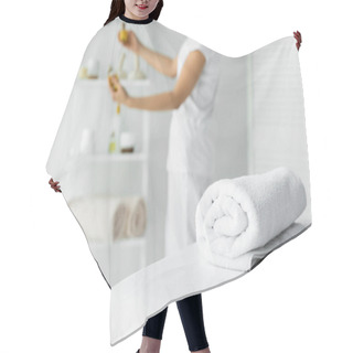 Personality  Selective Focus Of White Towel On Massage Mat In Spa  Hair Cutting Cape