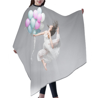 Personality  Beautiful Ballerina In White Dress Dancing With Festive Balloons On Grey Background Hair Cutting Cape