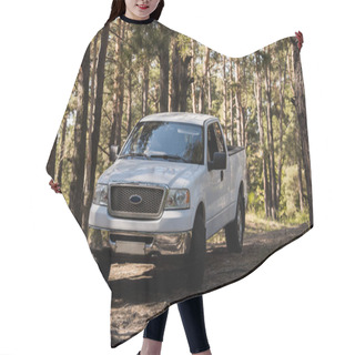 Personality  White Pickup Truck In Autumn Forest With Pine Trees Hair Cutting Cape