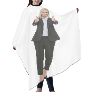 Personality  Smiling Blonde Businesswoman Thumbs Up With Both Hands Hair Cutting Cape
