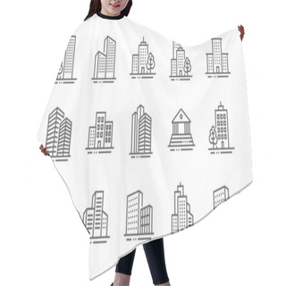 Personality  Buildings Line Icons. Bank, Hotel, Courthouse. City Architecture, Skyscraper Building. Vector Hair Cutting Cape