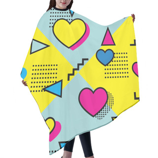 Personality  Seamless Memphis Style Pattern With Hearts And Colorful Geometrical Shapes On Yellow And Blue Background Hair Cutting Cape