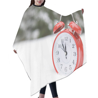Personality  Red Alarm Clock On White Snow Outdoors. Space For Text Hair Cutting Cape