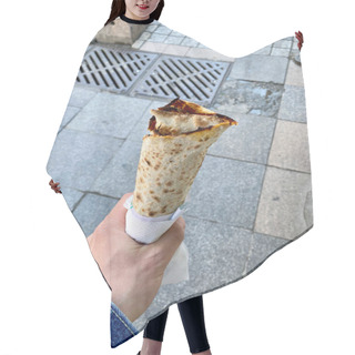 Personality  Traditional Turkish Street Food Lahmacun Holding In Hand. Ready To Eat. Hair Cutting Cape
