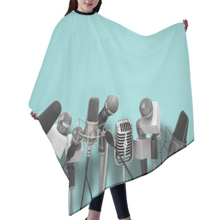 Personality  Press Conference With Standing Microphones. Hair Cutting Cape
