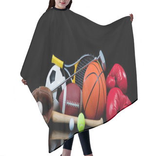 Personality  Assorted Sports Equipment On Black Hair Cutting Cape