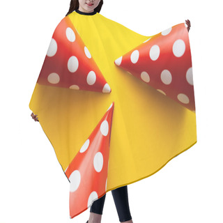 Personality  Top View Of Dotted Party Caps On Yellow Background  Hair Cutting Cape