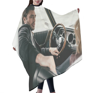Personality  Handsome Stylish Young Man Looking Away While Sitting In Old-fashioned Car Hair Cutting Cape