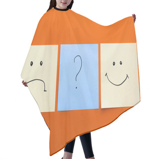 Personality  Top View Of Cards With Question Mark Near Happy And Upset Emoticons On Red Background Hair Cutting Cape