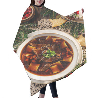 Personality  Christmas Mushroom Soup, A Traditional Vegetarian  Mushroom Soup Made With Dried Forest Mushrooms In A Ceramik Plate On A Festive Table, Top View. Polish Christmas Dinner Hair Cutting Cape