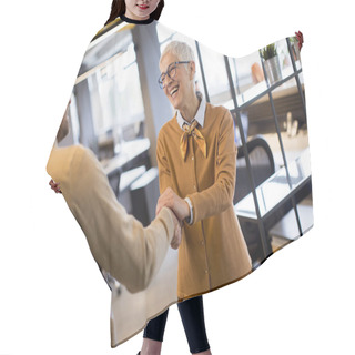 Personality  Grateful Senior  Businesswoman  Boss Lady Hold Hand Of Best Employee,  Shake Hands Warm Welcoming Standing In Coworking Space Hair Cutting Cape