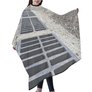 Personality  New Rainwater Grate On The Road Or Sidewalk, Installation In Concrete. City Sewage System For Draining Water During Heavy Rain Hair Cutting Cape