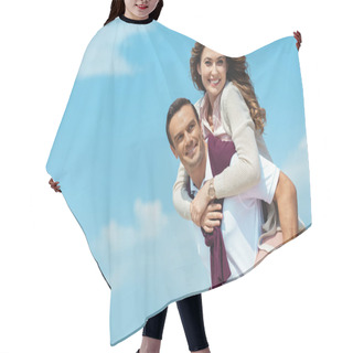 Personality  Cheerful Couple Piggybacking Together With Blue Cloudy Sky On Background Hair Cutting Cape