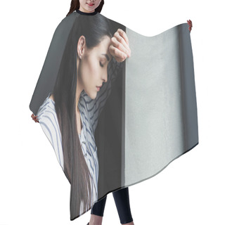 Personality  Side View Of Depressed Young Woman Leaning On Wall With Closed Eyes Hair Cutting Cape