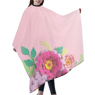 Personality  Top View Of Colorful Paper Flowers And Green Plants With Leaves On Pink Background Hair Cutting Cape