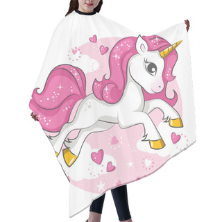 Personality  Cute Little Pink  Magical Unicorn. Vector Design On White Background. Print For T-shirt. Romantic Hand Drawing Illustration For Children. Hair Cutting Cape