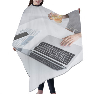 Personality  Partial View Of Woman Holding Cup Of Tea Near Laptop And Smartphone With Blank Screen Hair Cutting Cape
