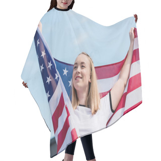 Personality  Happy Teen Girl With Usa Flag In Front Of Blue Sky Hair Cutting Cape