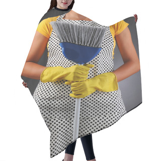 Personality  Housewife Holding Broom Hair Cutting Cape
