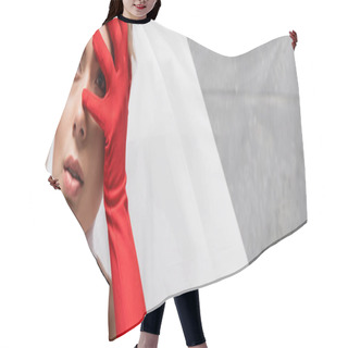 Personality  Panoramic Shot Of Stylish Woman In Red Glove Covering Face On White And Grey  Hair Cutting Cape