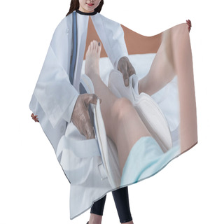Personality  Doctor Putting On Leg Brace Hair Cutting Cape