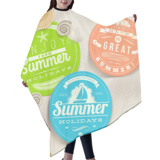 Personality  Summer Vacation And Travel Labels And Sea Shells On A Beach Sand - Vector Illustration Hair Cutting Cape