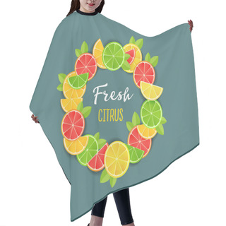 Personality  Fresh Citrus Design Composition, Fruit Slices In Circle With Typography Inside On Green Background, Bright Minimal Flat Graphic Hair Cutting Cape
