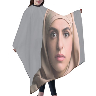 Personality  Arabian Woman. Headshot Of A Young Woman In Beige Hijab Hair Cutting Cape