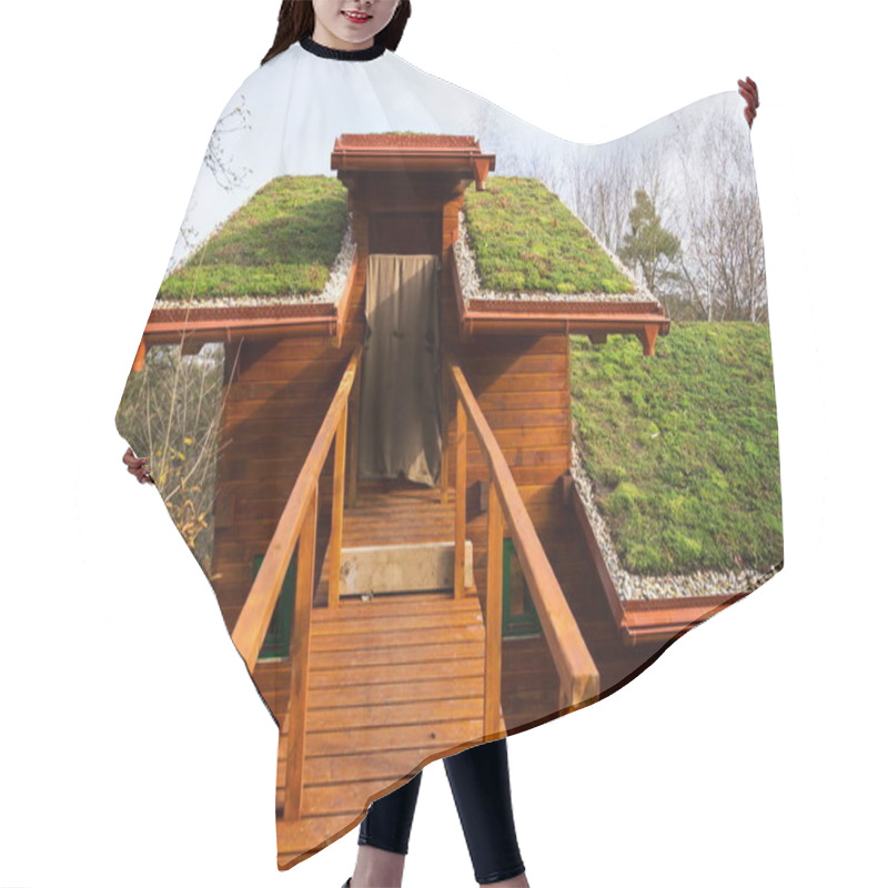 Personality  Green living roof on wooden building covered with vegetation hair cutting cape