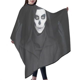 Personality  Woman With Skull Makeup Looking At Camera Isolated On Black Hair Cutting Cape
