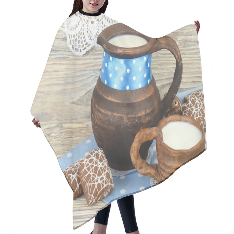 Personality  Milk In A Jug And Cookies On A Wooden Background. Hair Cutting Cape