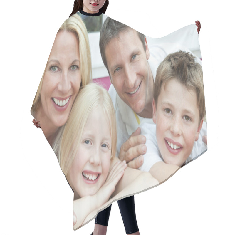 Personality  Happy Family Having Fun Sitting At Home Hair Cutting Cape