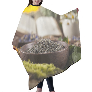 Personality  Herbal Medicine And Books On Wooden Table Hair Cutting Cape