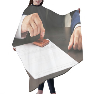 Personality  Notary Public In Office Stamping Document Hair Cutting Cape