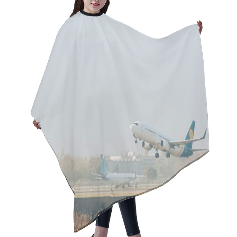Personality  Commercial Plane Taking Off From Airport Runway With Cloudy Sky At Background Hair Cutting Cape