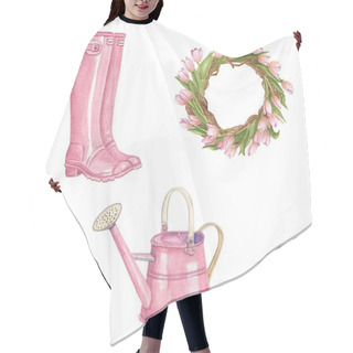 Personality  Vector Watercolor Spring  Boots Watering Can And Flower Decoration Cliparts Hair Cutting Cape