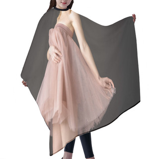Personality  Midsection View Of Tender Girl Posing In Pink Chiffon Dress, Isolated On Grey Hair Cutting Cape