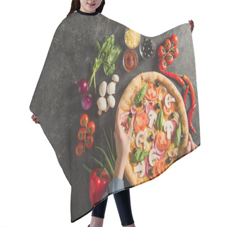 Personality  Cropped Shot Of Woman Putting Black Olives On Italian Pizza On Dark Tabletop Hair Cutting Cape