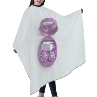 Personality  Top View Of Purple Container With Contact Lenses And Its Storage Equipment On White Tabletop Hair Cutting Cape