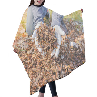 Personality  Man's Hands In Gardening Gloves Are Sorting Through The Chopped Wood Of Trees. Mulching Tree Trunk Circle With Wood Chips. Organic Matter Of Natural Origin Hair Cutting Cape