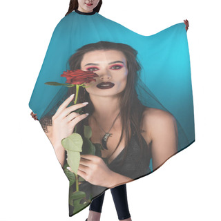 Personality  Brunette Woman With Dark Makeup Holding Red Rose On Blue Hair Cutting Cape