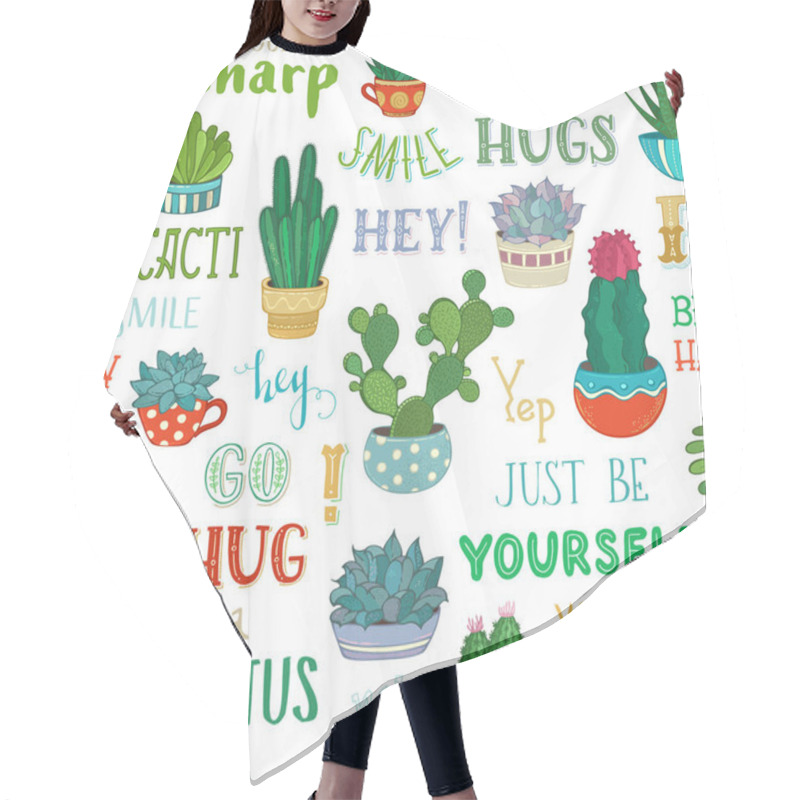 Personality  Vector Seamless Pattern Of Cacti And Hand-written Lettering.  Hair Cutting Cape